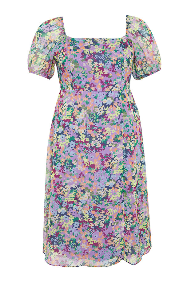 Rózsaszín virágmintás nagy méretű ruha négyzet alakú gallérral és ballonujj részlettel - TBBSS24AH00189 - 6