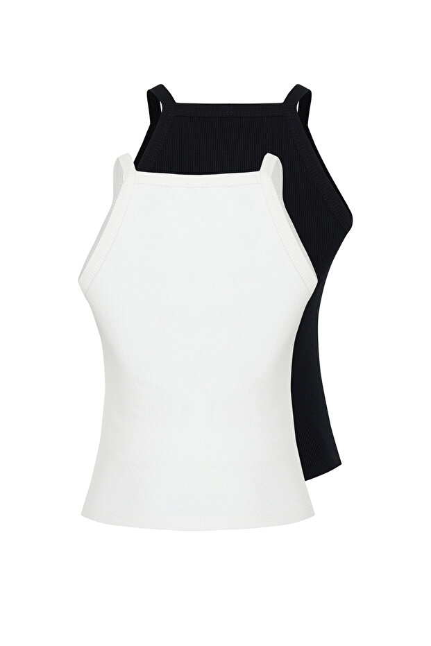 Siyah-Beyaz 2'li Paket Halter Yaka Vücuda Oturan Fitilli Esnek Örme Atlet TWOSS24AL00055 - 8