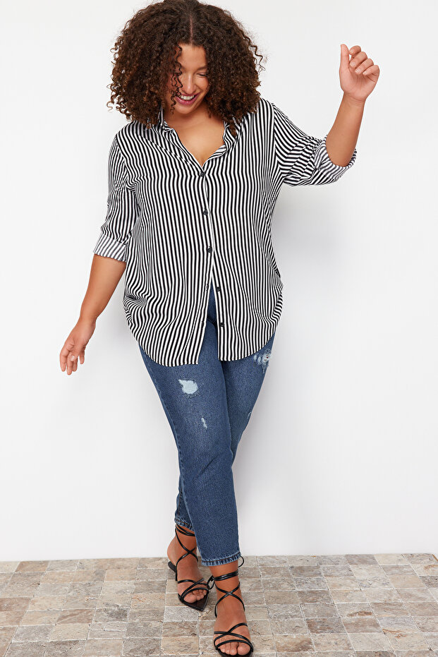 Black-And-White Viscose Long-Sleeved Striped Plus Size Shirt Tbbss24Ax00031