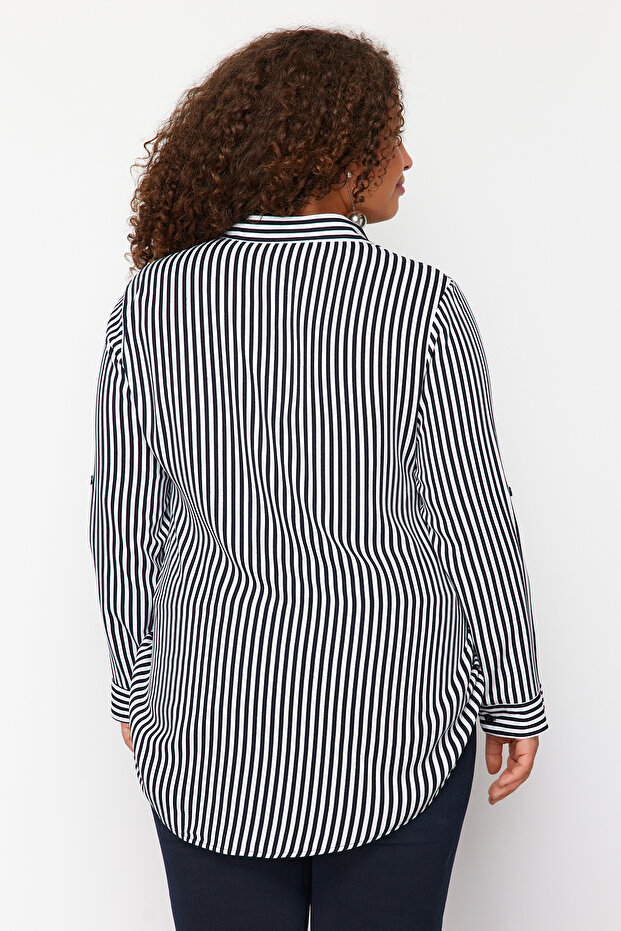 Navy Blue-White Viscose Long Sleeve Striped Plus Size Shirt Tbbss24Ax00031 - 6