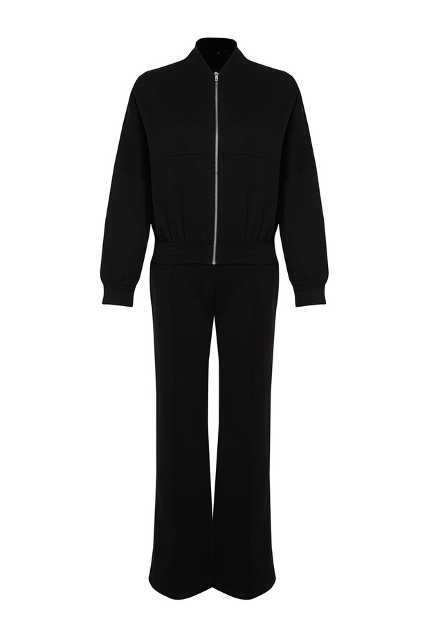 Siyah Nervürlü Fermuarlı Dik Yaka Örme Sweatshirt/Pantolon Alt-Üst Takım TWOSS24AU00119 - 7