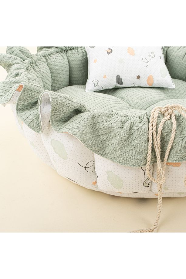 Müslin Çift Taraflı Yuvarlak Babynest Bebek Yatak (Oyun Minderi ) ve Yastık - Mint Örgü - Kuş - 3