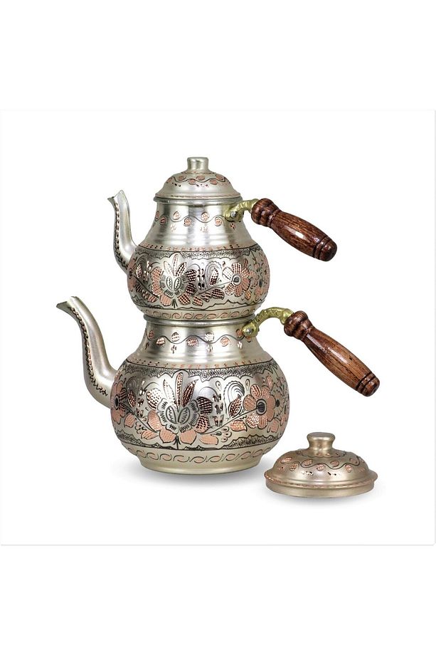 1 Mm Kalın Gül Çiçek Gümüşlü Bakır Çaydanlık Ve Osmanlı Ocağı - 1