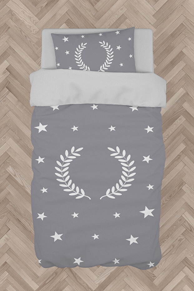 BABY AND KIDS ROOM Wreath Star Patterned Framed Gray Duvet Cover Set