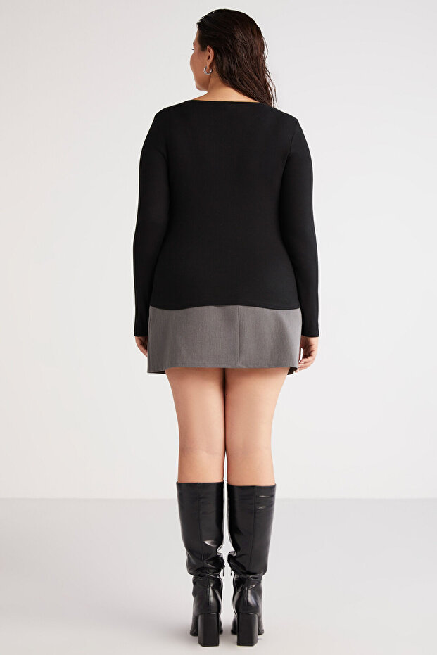 Zazanabb γυναικείο βλέμμα με ραβδώσεις Body αγκαλιά με βαθύ στρογγυλό λαιμό μαύρη μπλούζα με κουμπιά - 4