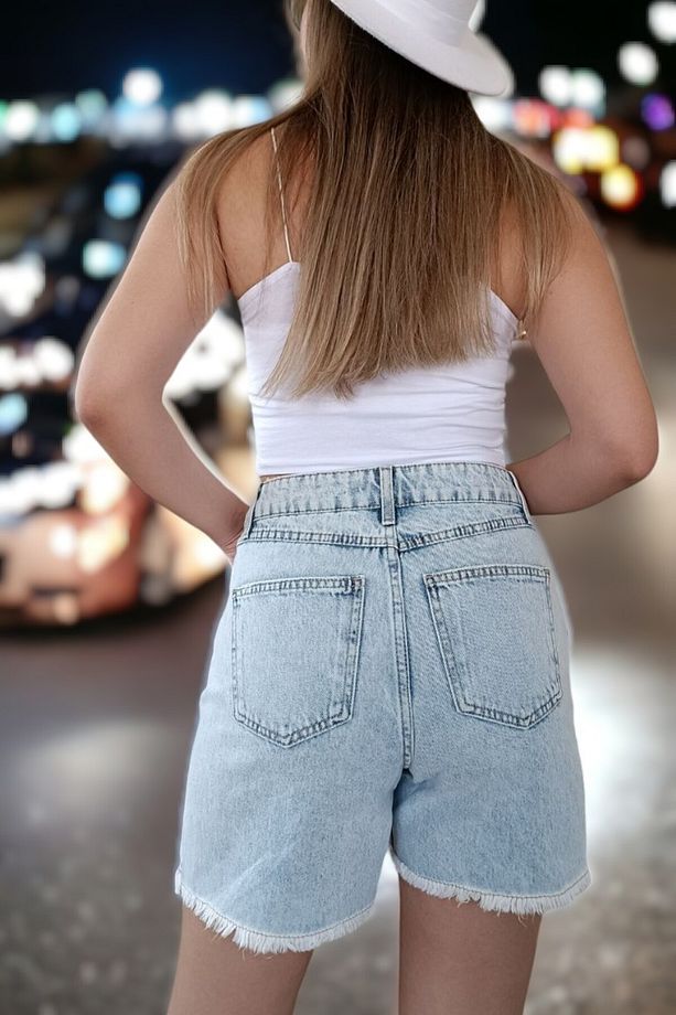 ASTARLI YÜKSEK BEL YIRTIK JEAN KOT ŞORT - 7