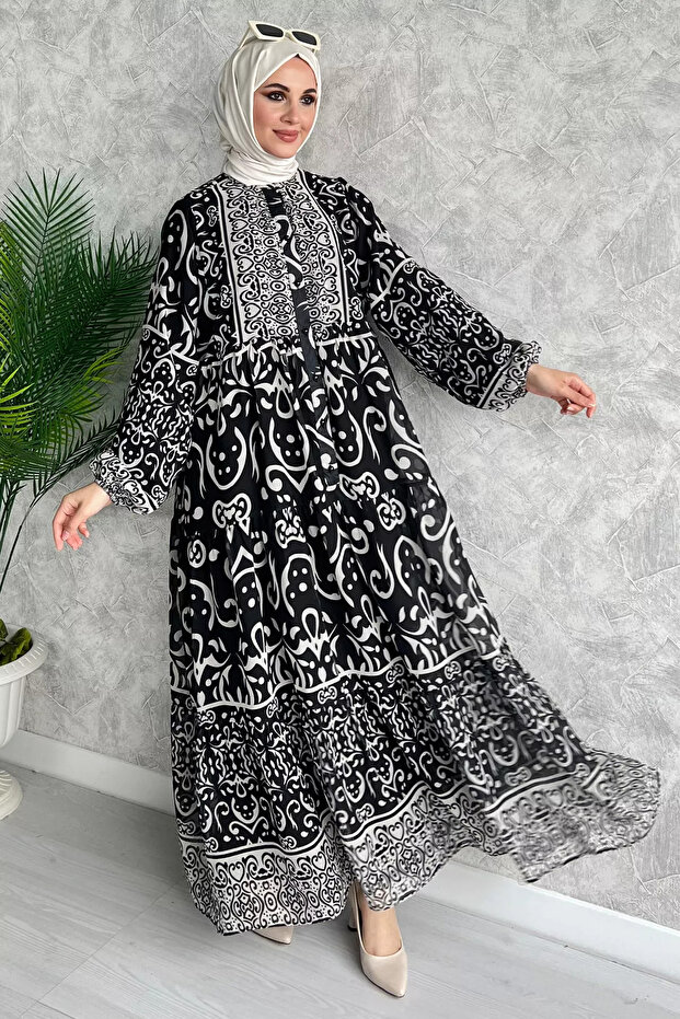 فستان شيفون منقوش بنصف زر أسود - 1