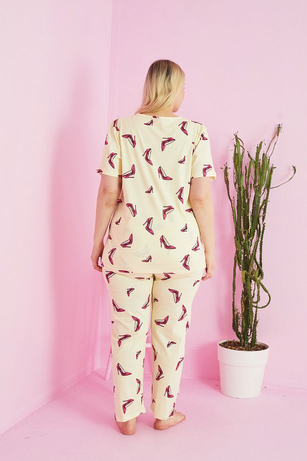 sarı ayakkabı desenli Örme Curve Büyük Beden Battal Boy Pijama Takımı - 3