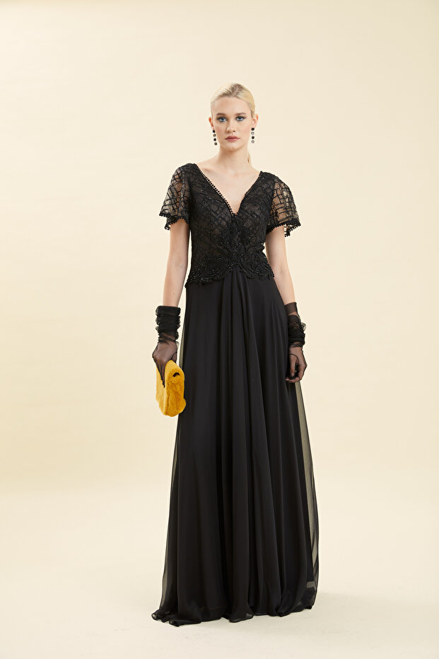 V Yaka İşlemeli Abiye Elbise - 2