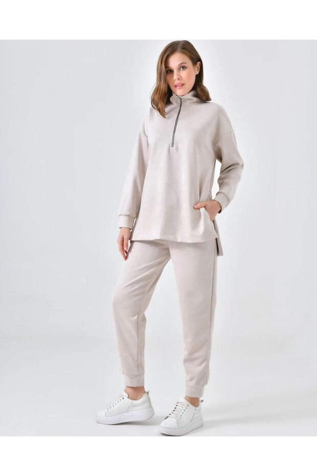 Women's Ribbed Collar Zippered Nubuck Bottom and Top Set