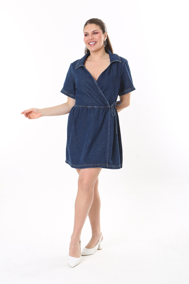 Women's Large Size Navy Blue Waist Lace-up Wrap Denim Dress 65N37733