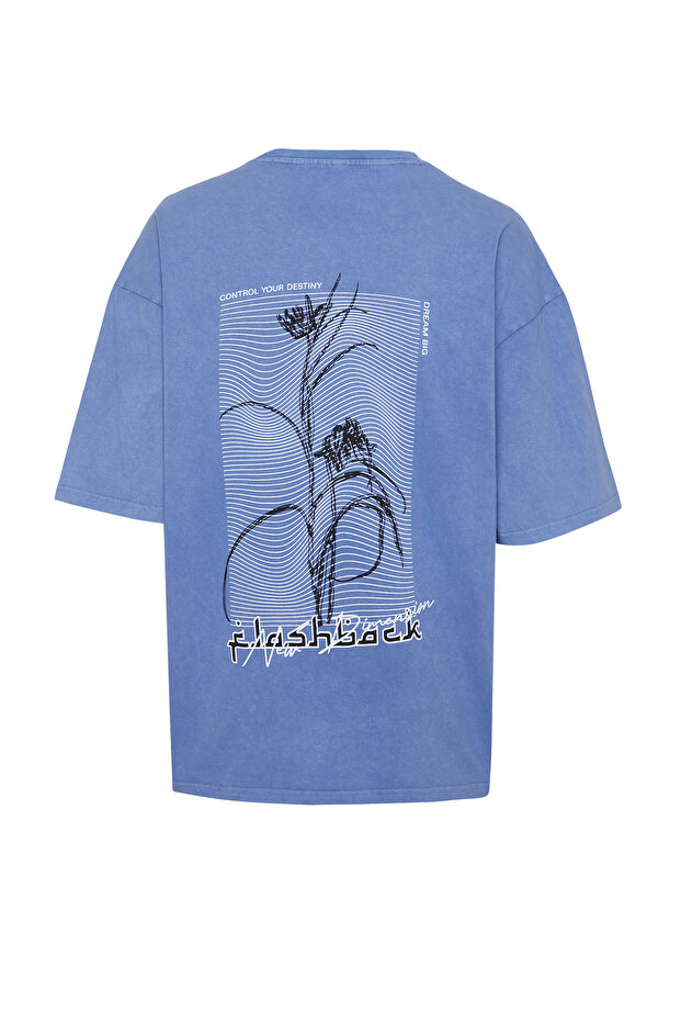 Lila Oversize/Geniş Kesim Eskitme/Soluk Efektli Tok Kumaş T-shirt TMNSS24TS00192 - 7