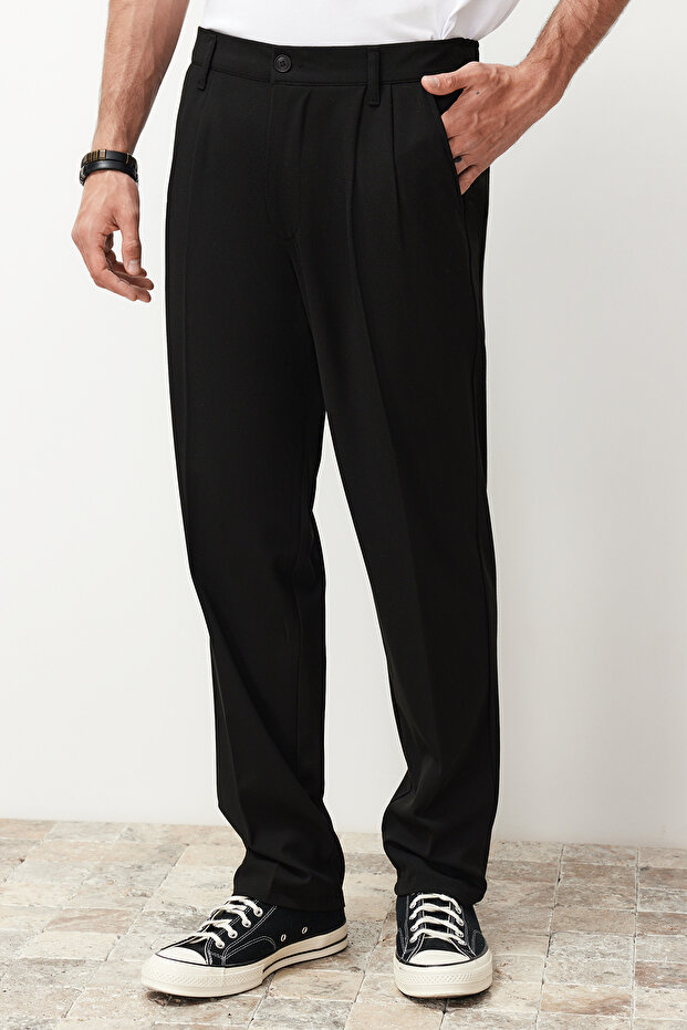 Siyah Pileli Klasik Baggy Fit Kumaş Pantolon TMNSS24PL00024 - 3
