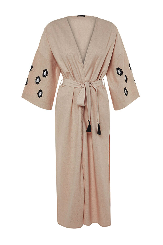 Bej Kuşaklı Dokuma Nakışlı Maxi Plaj Kimono&Kaftan TBESS21KM0175 - 6