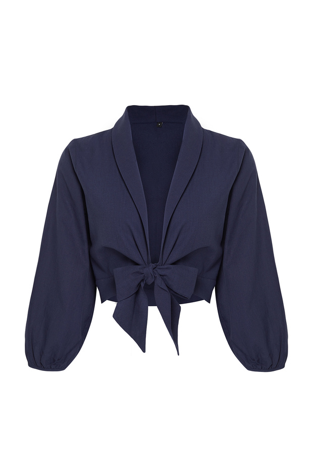 Lacivert Dokuma Bağlamalı Plaj Crop Bluz TBESS24BZ00006 - 7