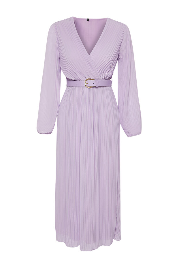 Lila Kemerli A Kesim Piliseli Maxi Astarlı Şifon Dokuma Elbise TWOAW24EL00471 - 7