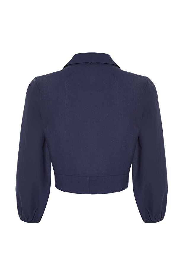 Lacivert Dokuma Bağlamalı Plaj Crop Bluz TBESS24BZ00006 - 8