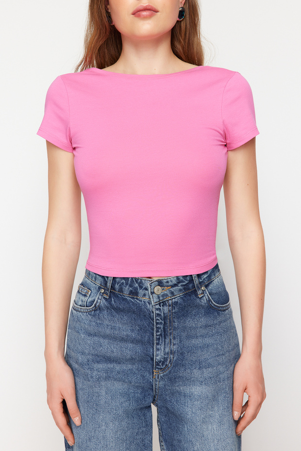 Pembe Sırt Dekolteli Crop Pamuklu Esnek Örme Bluz TWOSS23BZ00912 - 3