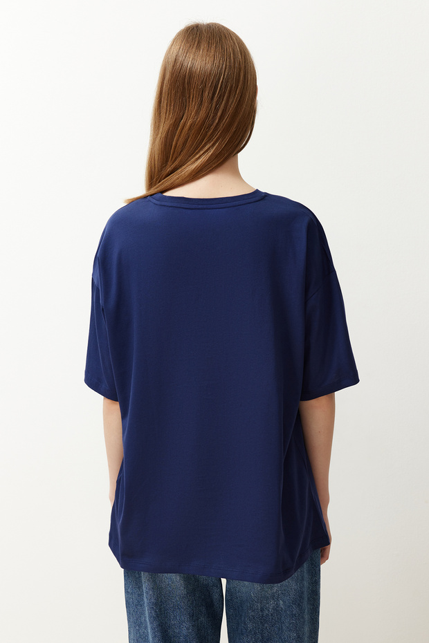 Lacivert %100 Pamuk Bisiklet Yaka Oversize/Geniş Kalıp Örme T-Shirt TWOSS20TS0134 - 6