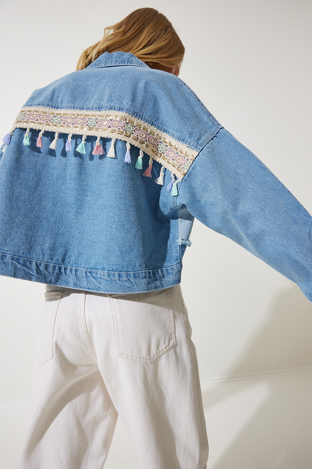 Women's Medium Blue Tassel Detailed Crop Denim Jacket SA00025