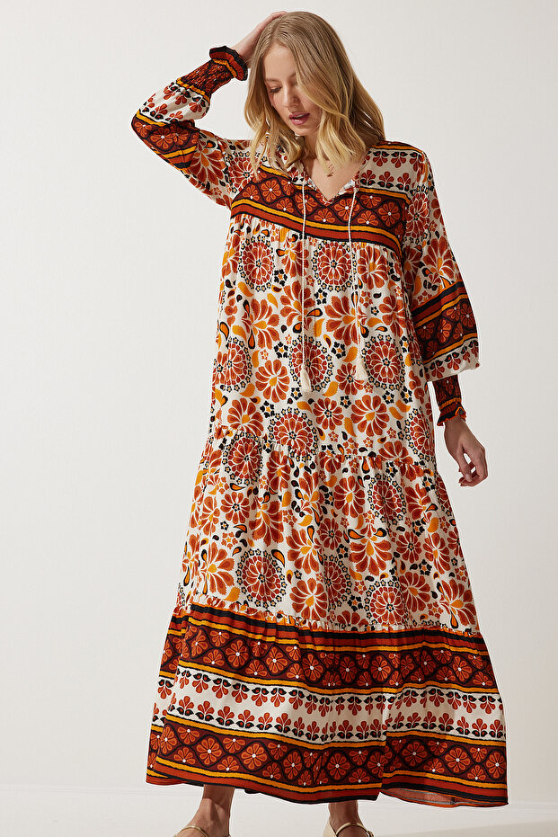 Women's Brick Orange Print Oversize Long Viscose Dress DD01309