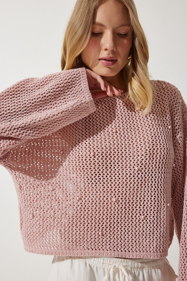 Women's Powder Pearl Detailed Openwork Seasonal Knitwear Sweater MW00146