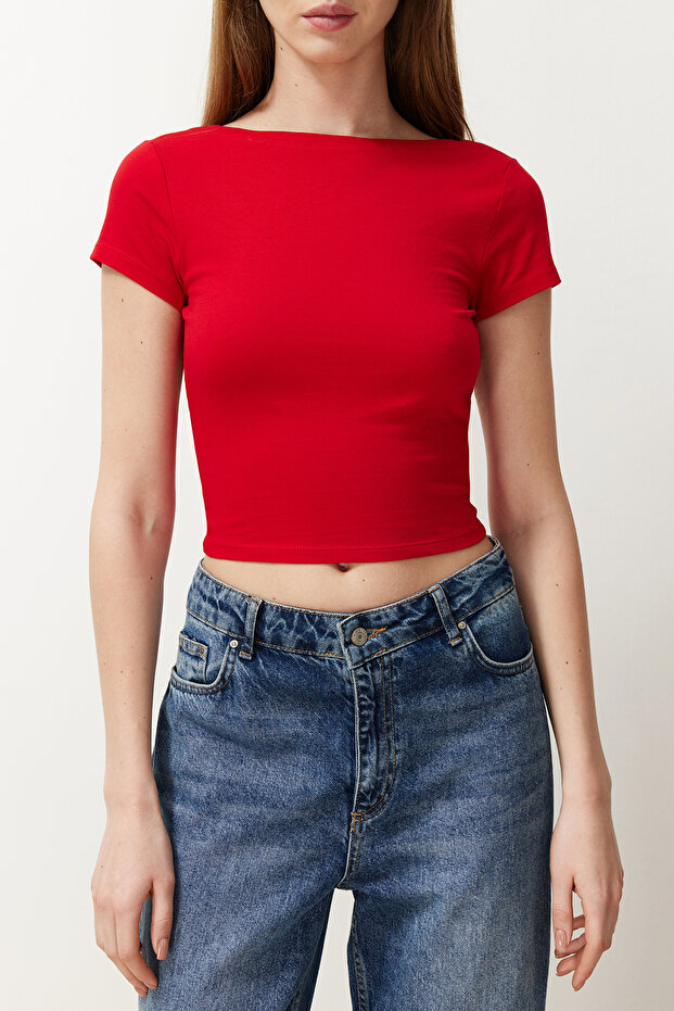 Kırmızı Sırt Dekolteli Crop Pamuklu Esnek Örme Bluz TWOSS23BZ00912 - 5