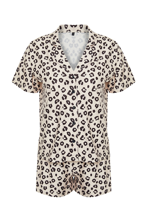 Bej-Çok Renkli Leopar Desenli Şortlu Örme Pijama Takımı THMSS24PT00285 - 7