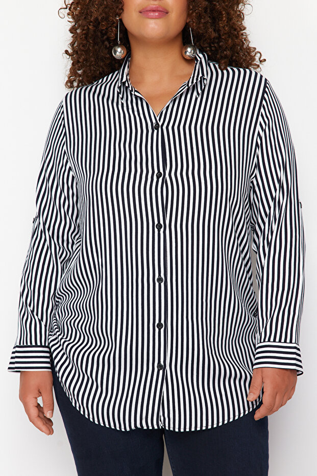 Navy Blue-White Viscose Long Sleeve Striped Plus Size Shirt Tbbss24Ax00031 - 4