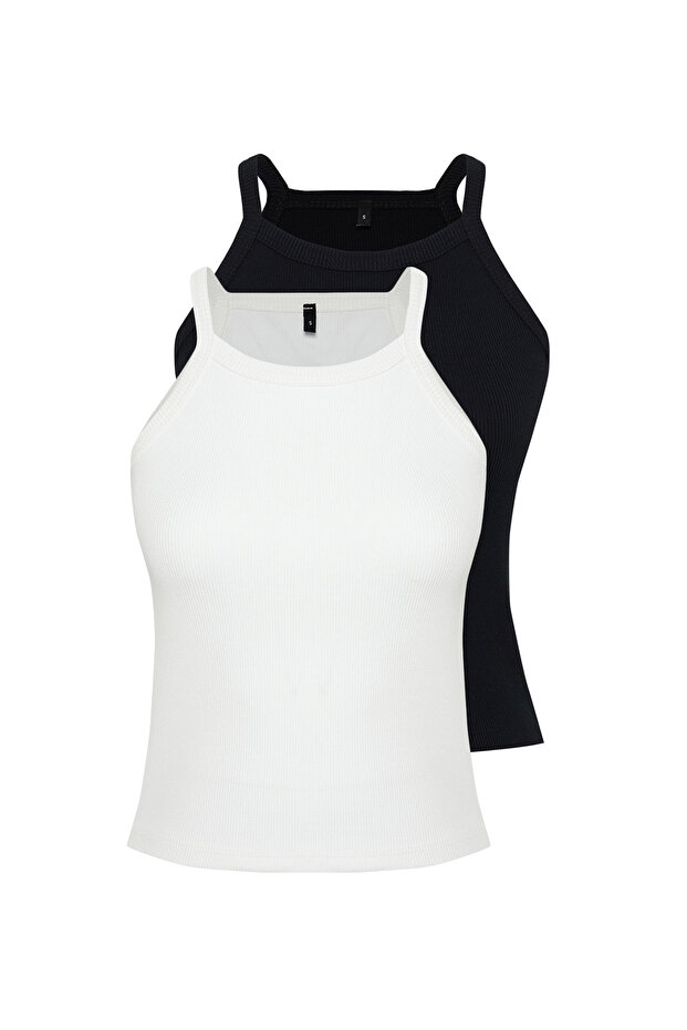Siyah-Beyaz 2'li Paket Halter Yaka Vücuda Oturan Fitilli Esnek Örme Atlet TWOSS24AL00055 - 7