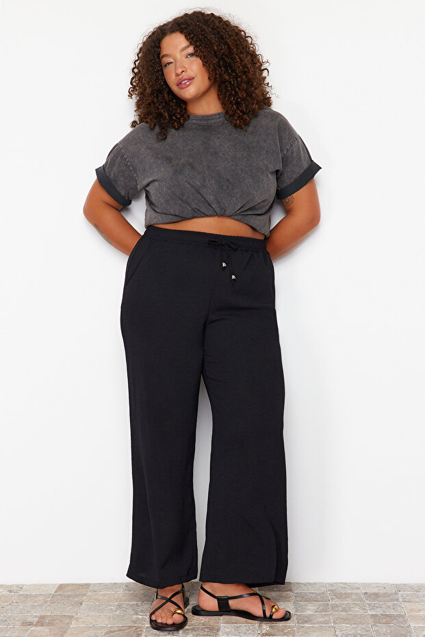 Black Lace-Up Waist Woven Plus Size Pants Tbbss24Ar00029