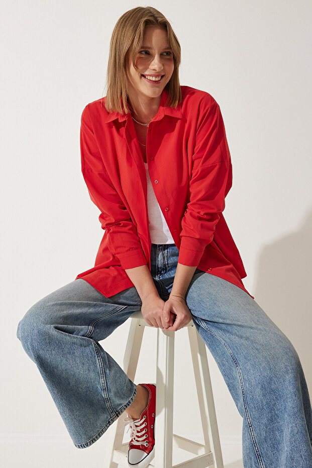 Women's Mid-Red Oversized Long Basic Shirt DD00842