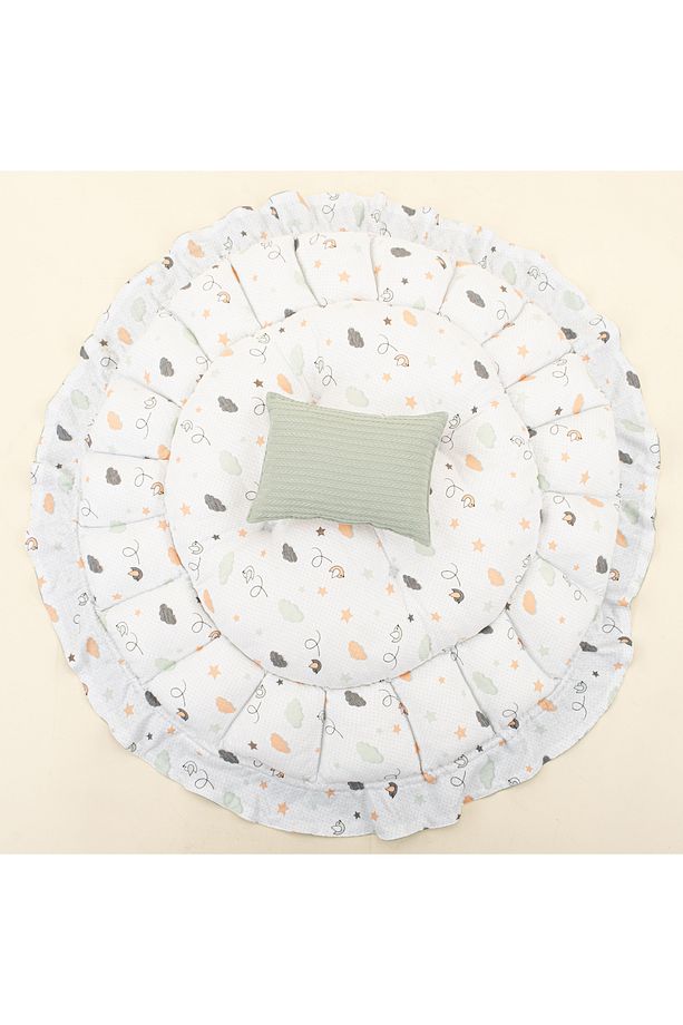 Müslin Çift Taraflı Yuvarlak Babynest Bebek Yatak (Oyun Minderi ) ve Yastık - Mint Örgü - Kuş - 8