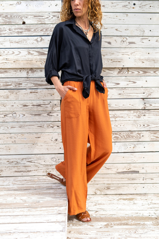 Women's Brick Linen Loose Trousers with Elastic Waist Bst2933