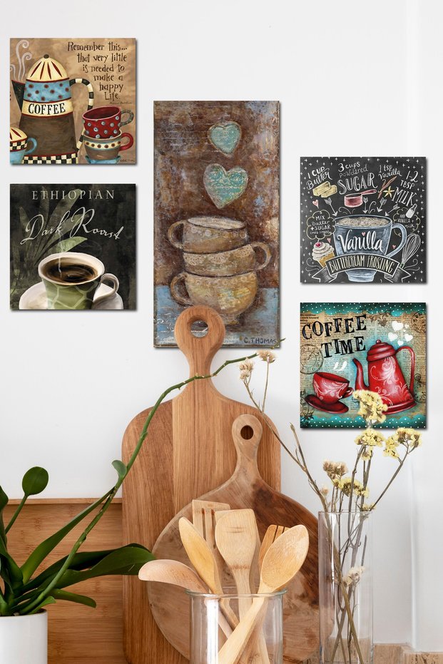 5 Piece Coffee Cups, Teapot Wall Decor Painting Set for Living Room Bedroom Concept