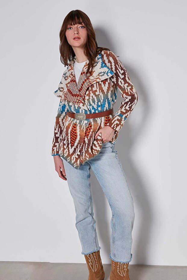Ethnic Pattern Shawl Collar Short Knitwear Cardigan