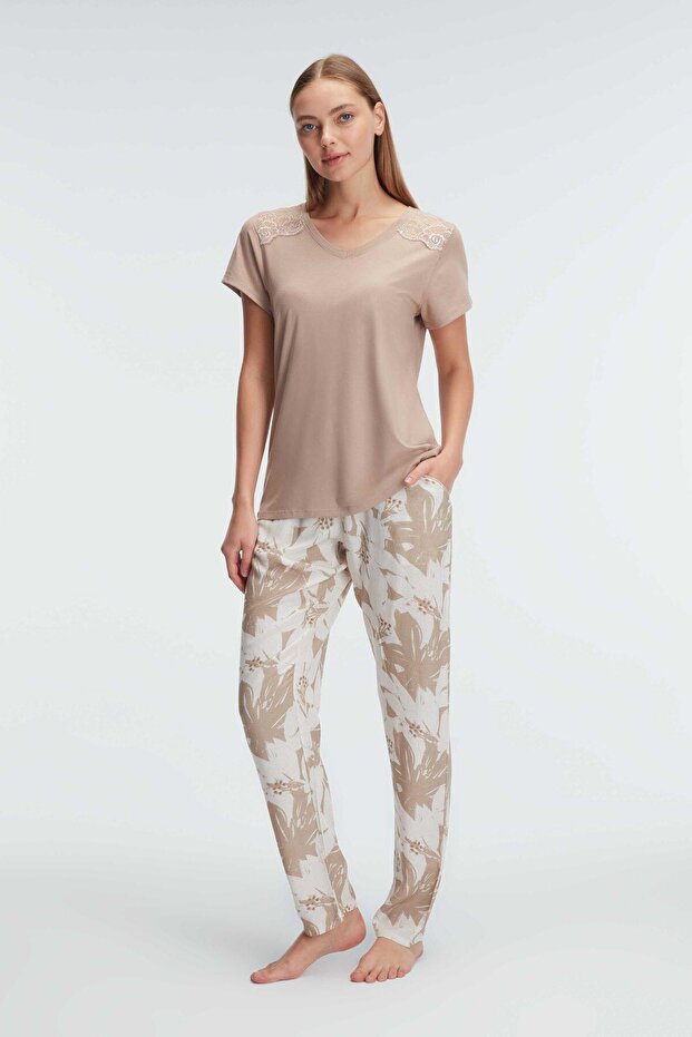 9941 Short Sleeve Crew Neck Women's Viscose Flower Patterned Summer Knitted Lace Detailed Pajamas Set