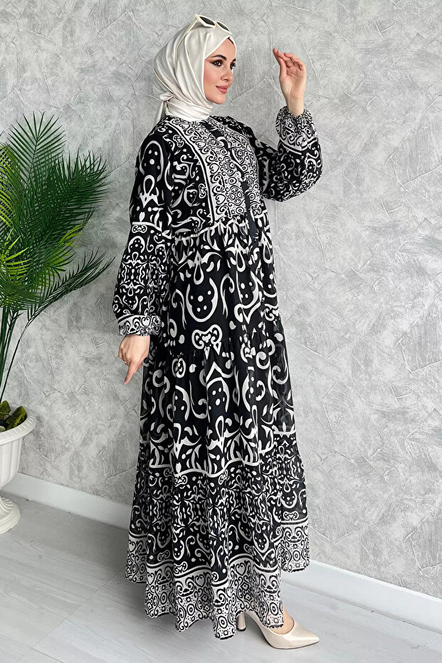 فستان شيفون منقوش بنصف زر أسود - 3