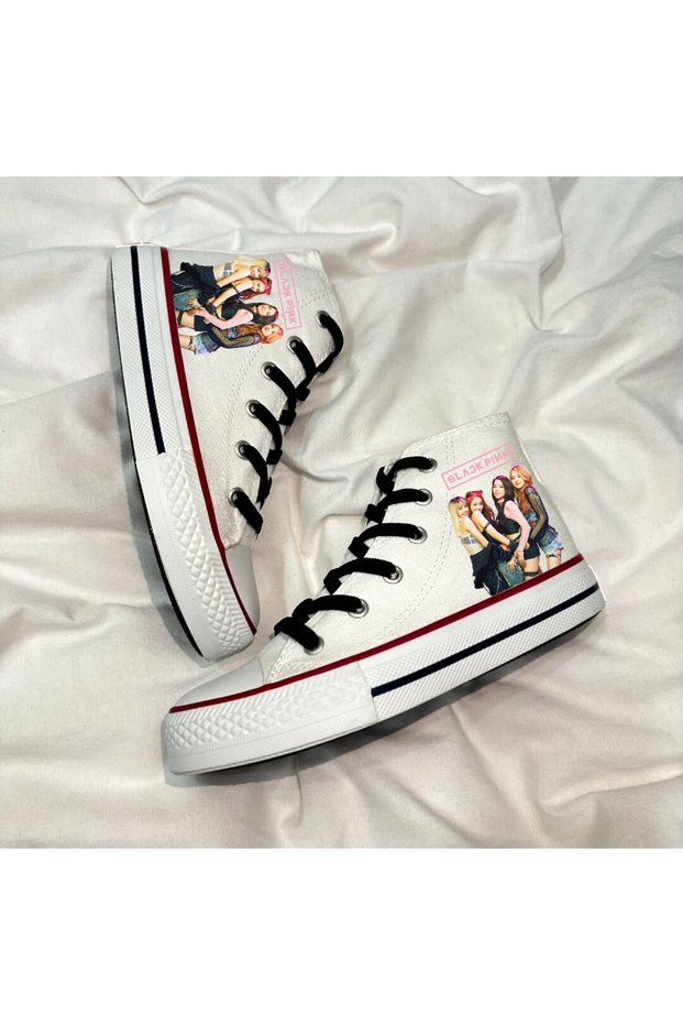 Black Pink Printed, Black Laced, White High Top Sports Shoes Kids Sneakers Blackpink