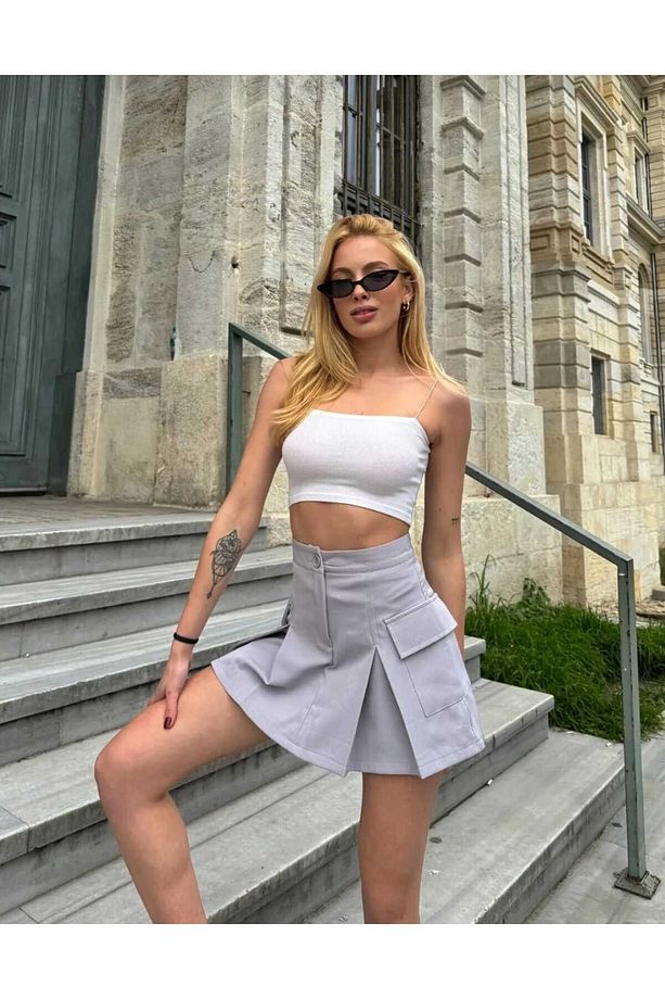 Kargo Cepli Önü Pileli Mini Şort Etek Gri - 1
