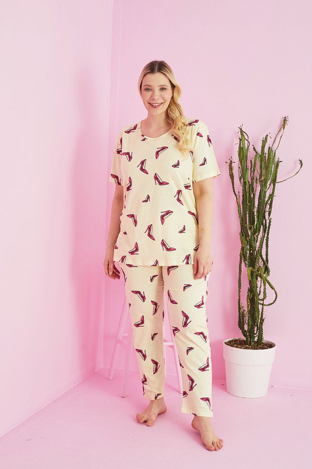 sarı ayakkabı desenli Örme Curve Büyük Beden Battal Boy Pijama Takımı - 2
