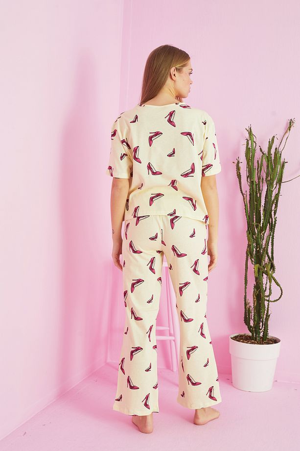 sarı ayakkabı desenli Örme Pamuklu Pijama Takım - 3