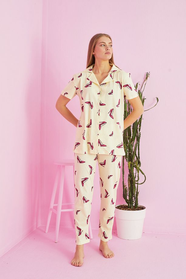 sarı ayakkabı desenli Örme Pamuklu Düğmeli Pijama Takım - 2
