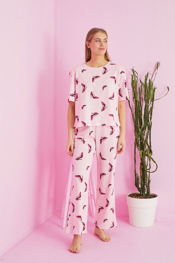 pembe ayakkabı desenli Örme Pamuklu Pijama Takım - 2