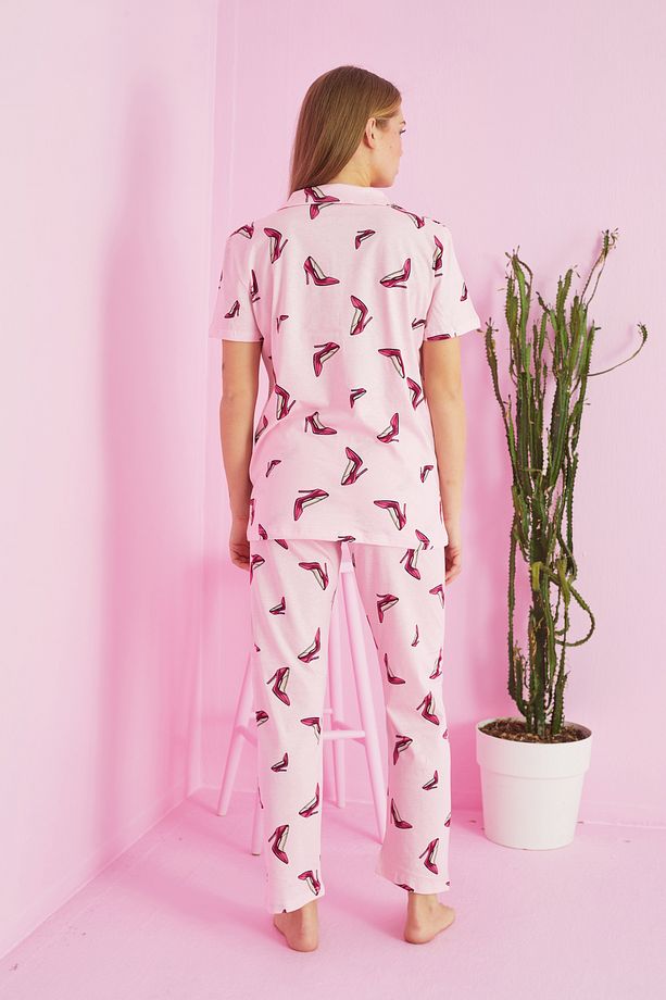 pembe ayakkabı desenli Örme Pamuklu Düğmeli Pijama Takım - 3