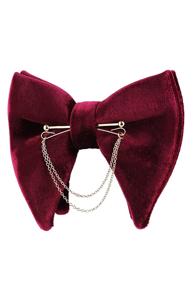 Burgundy Velvet Big Bow Tie with Gold Color Chain P1403