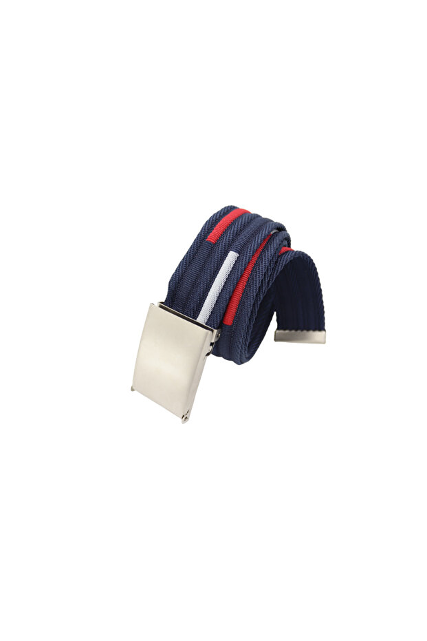 Dark Blue-Red White Striped Jacquard Silver Metal Buckle Belt