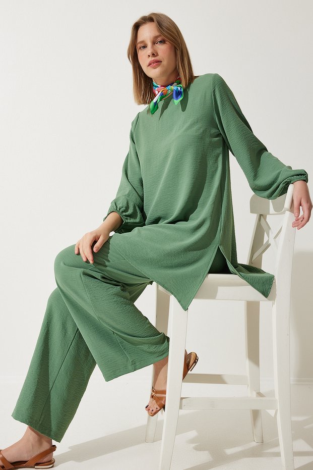 Women's Green Flowing Tunic Palazzo Knitted Set TO00133