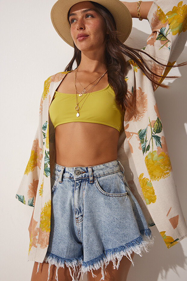 Női sárga bézs mintás vászon viszkóz kimonó BH00381 - 1