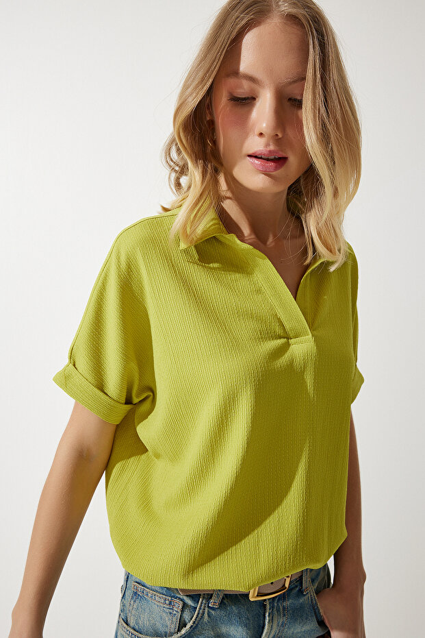 Women's Olive Green Polo Neck Knitted Crinkle Blouse DD01299